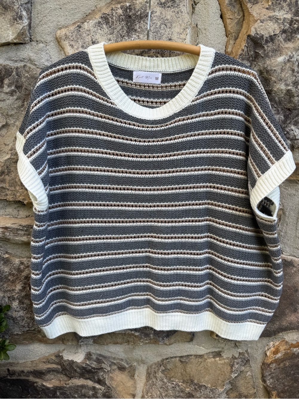 Knit Mix Medium Oversized Striped Open Knit Short Sleeve Sweater Gray Cream